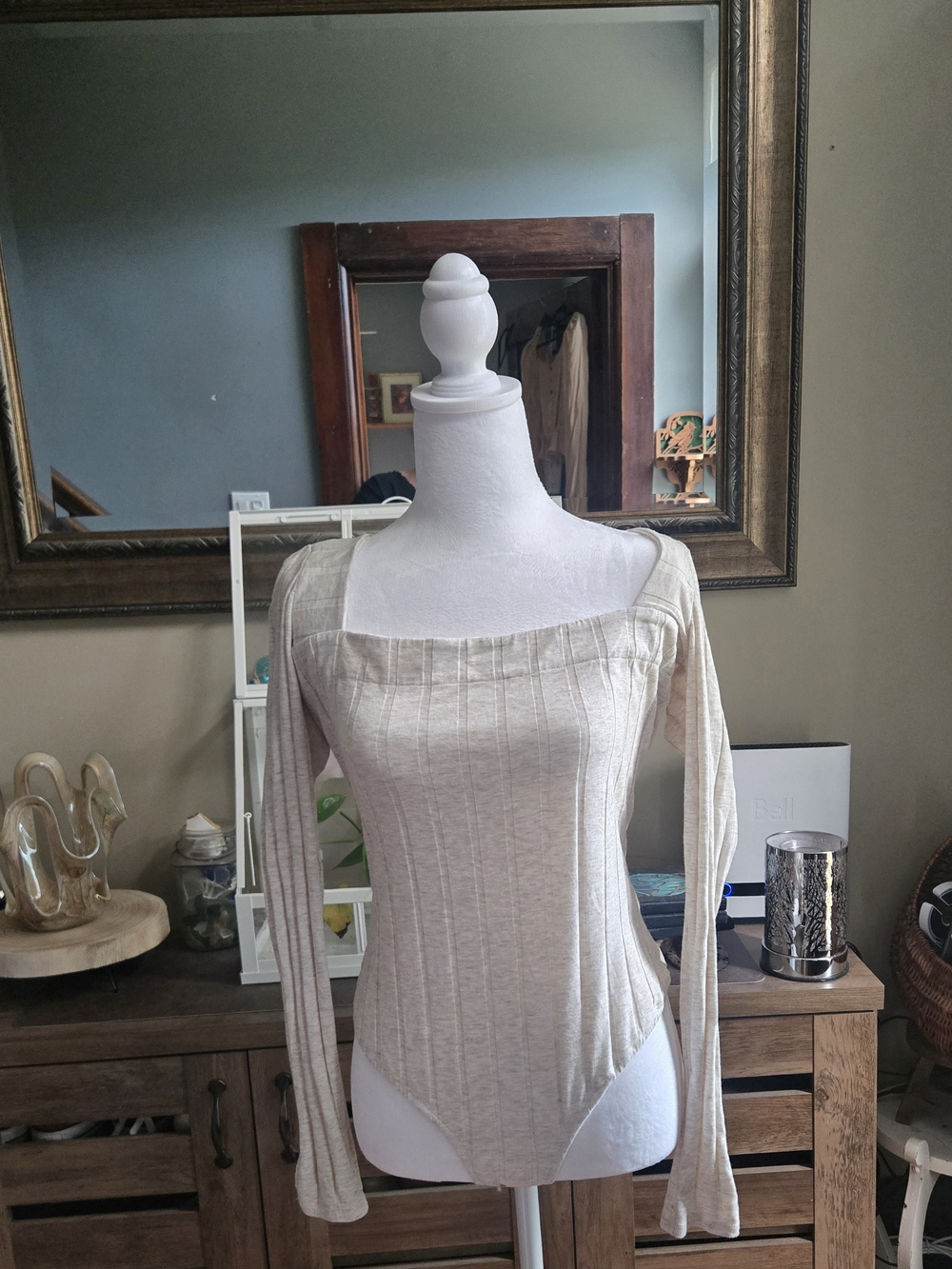 Free People Beige Ribbed Long-Sleeve Square Neck Bodysuit